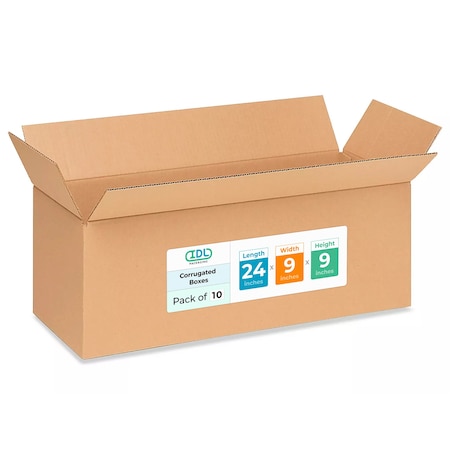 Idl Packaging 24 in x 9 in x 9 in Shipping Box, Kraft, Corrugate, Single Wall, 200#, 10 PK B-2499-10
